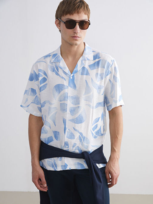 Regular Fit Resort Yaka K?sa Kollu Desenli Erkek G?mlek