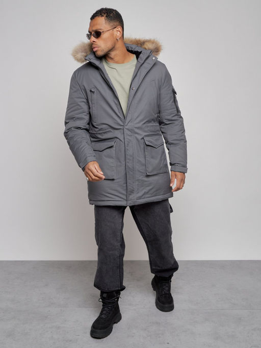 Парка мужская зимняя удлиненная с мехом темно-серого цвета 8318TC - Wonderrman фото 11