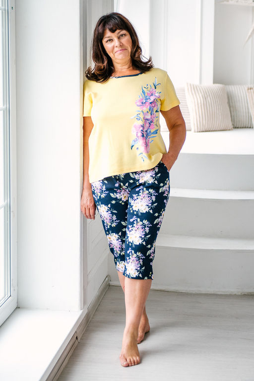 Пижама женская домашний из футболки и бридж Букетик желтый темно-синий