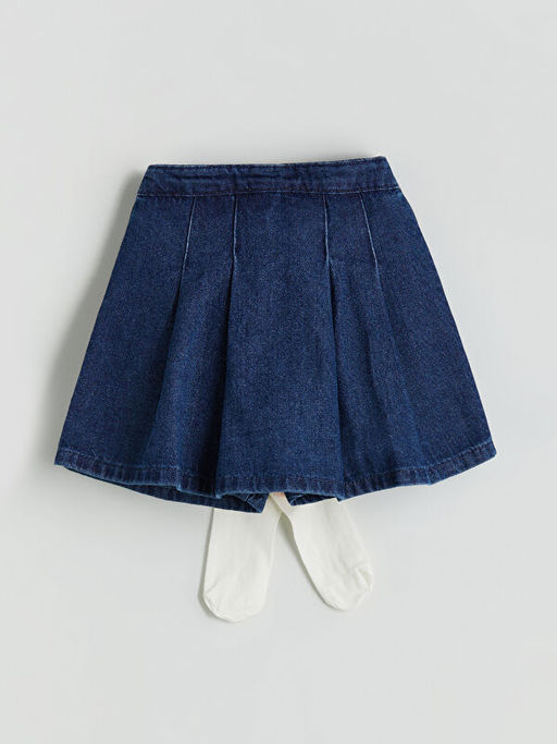 Beli Lastikli K?z ?ocuk Jean ?ort Etek ve K?lotlu ?orap 2li