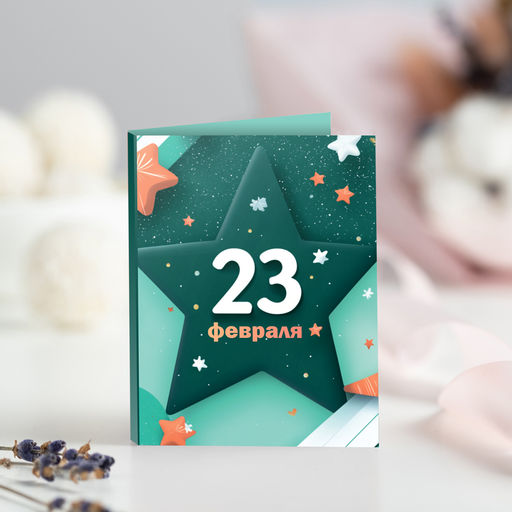 Цена за 2 шт Мини-открытка "23 февраля (звезда на бирюзовом фоне)"