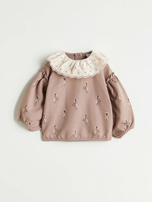 Bebe Yaka Uzun Kollu Bask?l? K?z Bebek Sweatshirt ve Tayt 2li Tak?m
