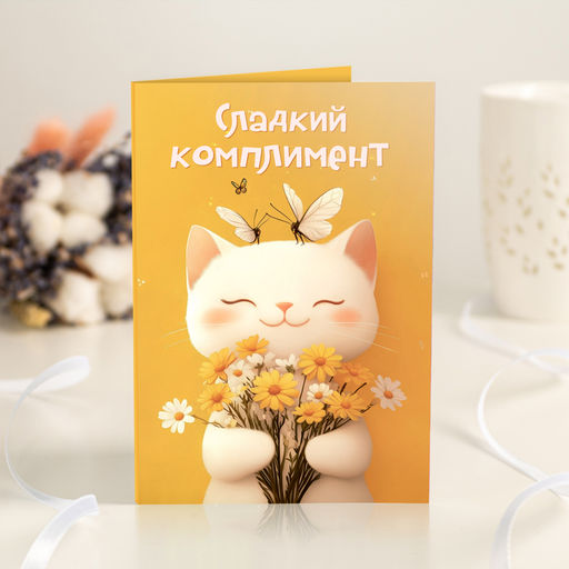Открытка 4 шоколадки "Сладкий комплимент (котик на жёлтом фоне)"