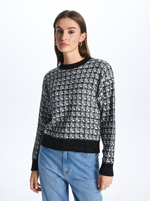 Bisiklet Yaka Desenli Uzun Kollu Kad?n Triko Kazak