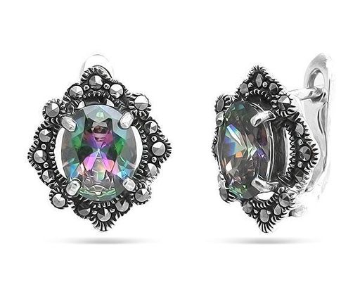 Серьги из серебра марказит, мистик кварц, SL-AGA133