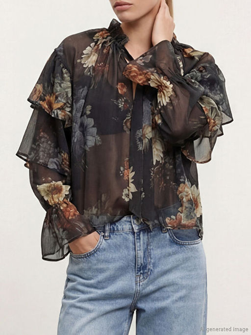 Ba?lamal? Yaka ?i?ekli F?rf?rl? ?ifon Bluz