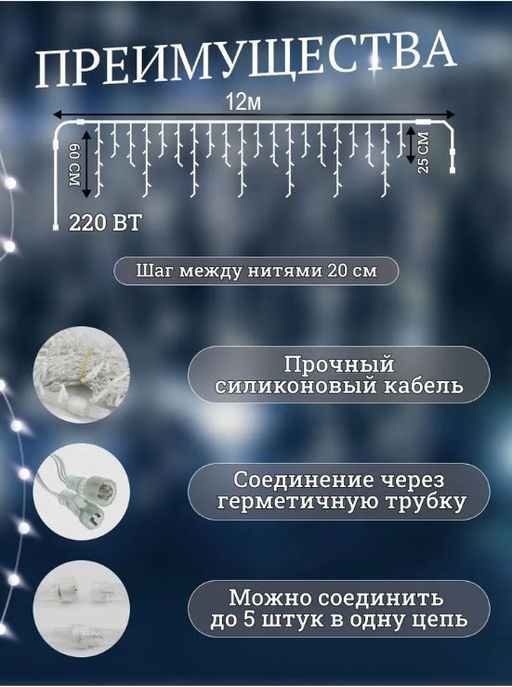 Гирлянда Бахрома 12х0,6м.,разноцветное мерцающее свечение,белый провод - Family фото 3